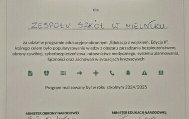Certyfikat za udział w programie Edukacja z wojskiem - edycja II