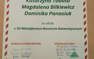 Dyplom za udział w Mikołajkowym Maratonie Matematycznym.