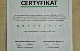 Certyfikat potwierdzający  udział w programie edukacyjno-obronnym Edukacja z wojskiem.