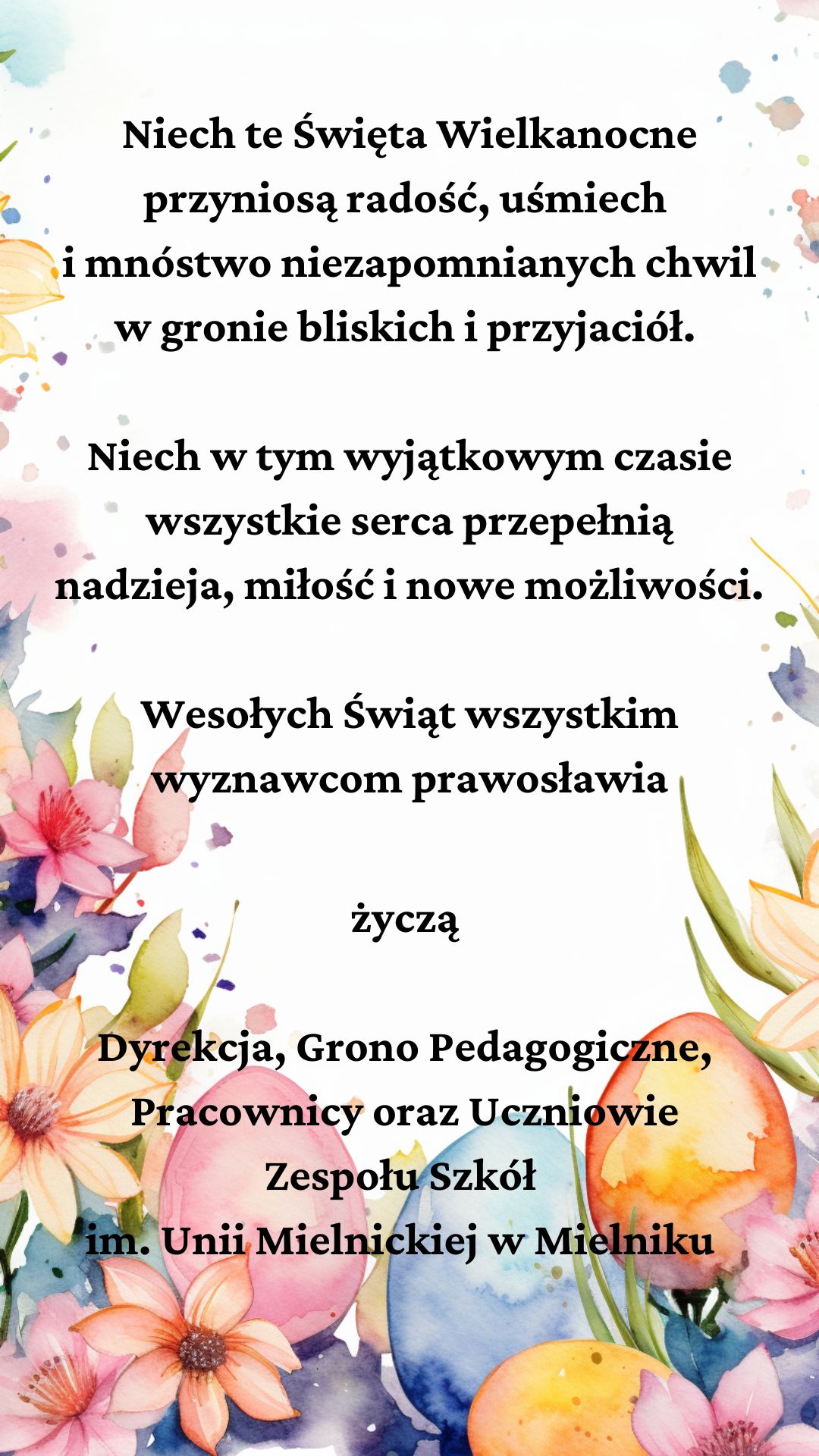 Życzenia wielkanocne na&nbsp;tle korowych kwiat&oacute;w i&nbsp;pisanek