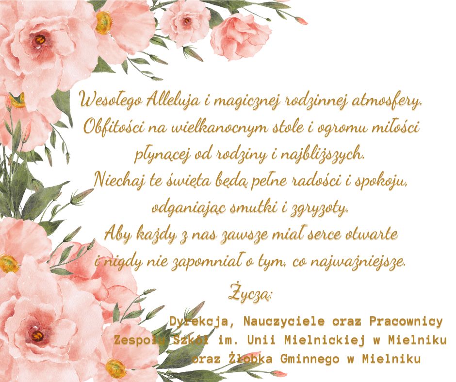 Obraz przedstawia życzenia wielkanocne na&nbsp;tle r&oacute;żowych kwiat&oacute;w