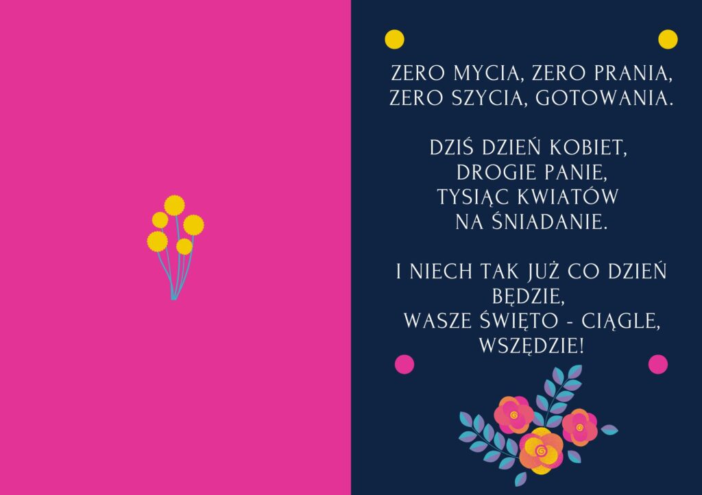 Z lewej strony na&nbsp;r&oacute;żowym tle napis "8 marca", a&nbsp;prawej strony na&nbsp;granatowym tle bukiet kwiat&oacute;w.