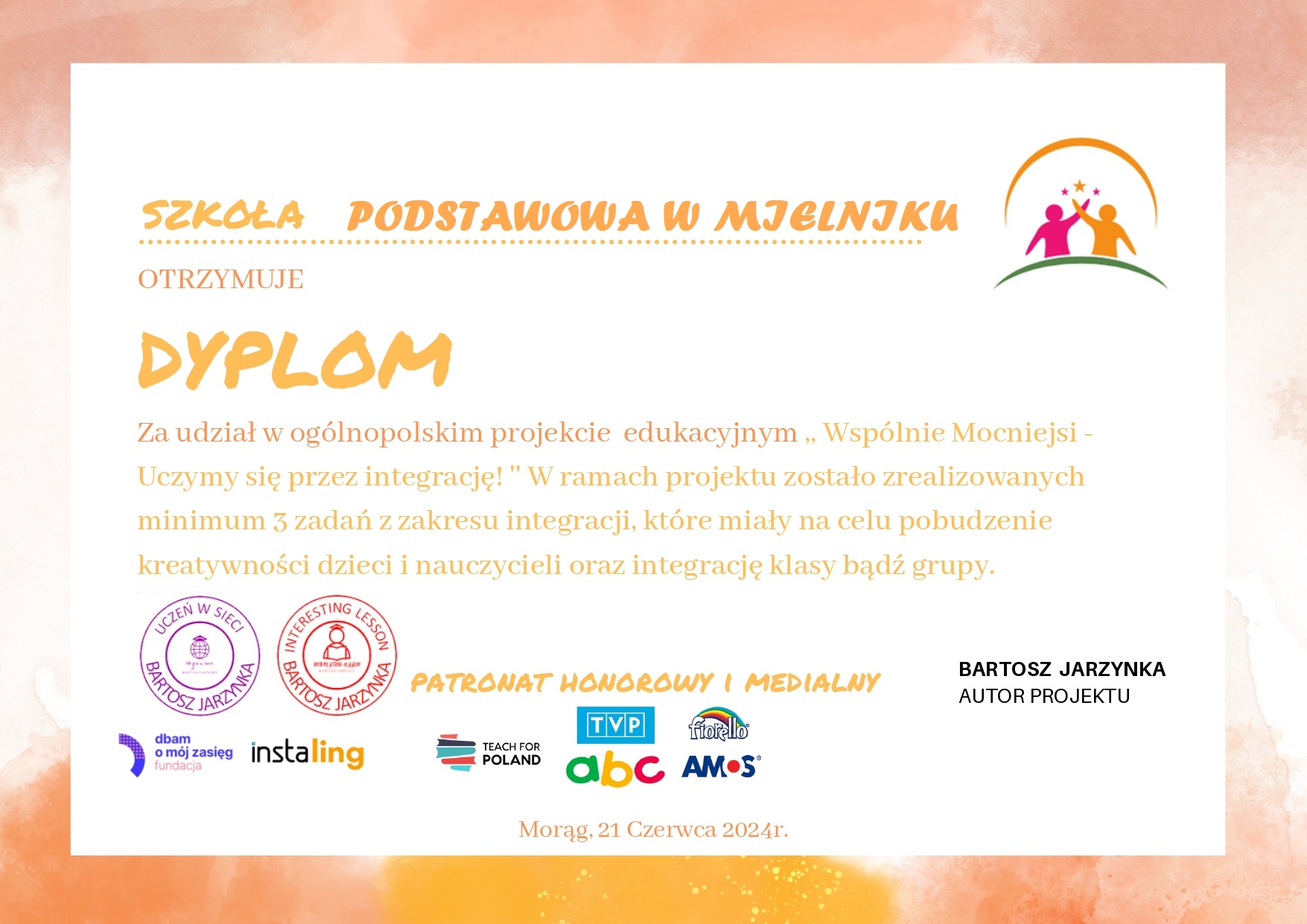Dyplom za udział w&nbsp;og&oacute;lnopolskim projekcie Wsp&oacute;lnie Mocniejsi