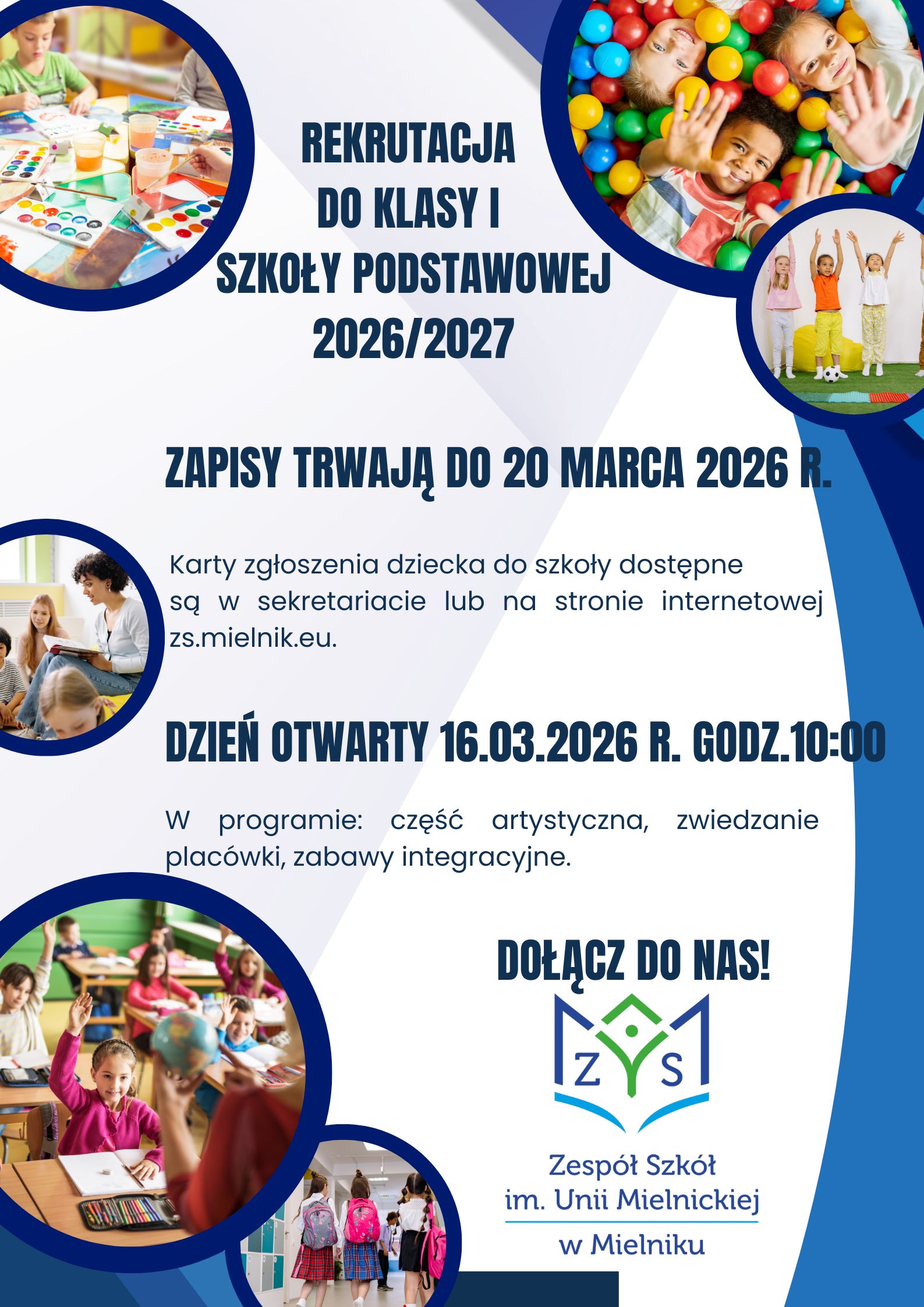 Plakat informujący o&nbsp;rekrutacji do klasy pierwszej szkoły podstawowej